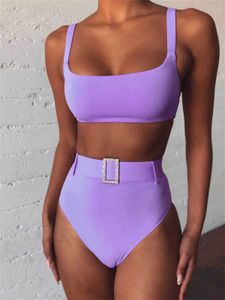 Maillots de bain pour femmes Bikini taille haute solide violet jambe haute strass avec maillot de bain luxueux maillot de bain sexy push maillot de bain deux pièces J240330