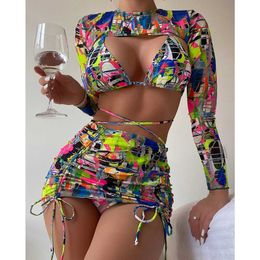 Maillot de bain femme taille haute imprimé brossé 4 pièces mini costume de plage femme long sept pièces maillot de bain bikini ensemble P230525