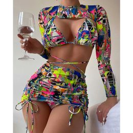 Maillot de bain femme taille haute imprimé brossé 4 pièces mini costume de plage femme long sept pièces maillot de bain bikini ensemble H230524