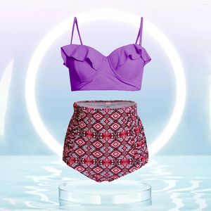 Damesbadmode hoog getailleerde print halter bikini tweedelig badpak roze dames push-up top bloemen