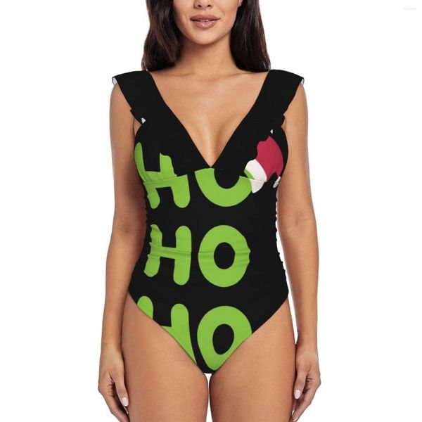 Traje de baño de mujer Ho con gorro de Papá Noel, traje de baño con volantes, Monokini, ropa de playa, trajes de baño, árbol de Navidad