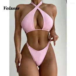 Swimwwear Women Hollow Out Bikini Couleur Couleur de maillot de bain Femmes Femmes Micro Thong Bathing Firm Deux pièces High Cut Girl