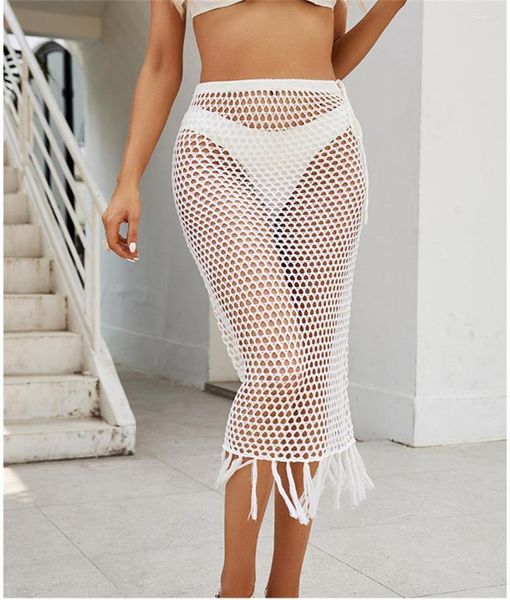 Maillots de bain pour femmes évider crochet Sarong jupes de plage été bikinis couvertures femmes taille haute bandage gland ourlet enveloppé midi