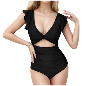 Dames zwemkleding uitgehold uit High Tailed Sexy Bikini Ruffled Sleeve One Piece Swimsuit Solid Low Cut Bow for Women
