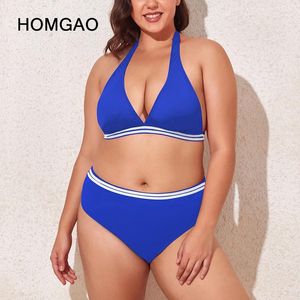 Swimwear féminin Homgao High Waist Bikini Ensembles de maillot de bain licou sexy Deep V Neck Two Piece Plus Taille plage 2024 Bathing Bathing