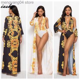 Dames badmode Iasky Retro Print Deep V Neck One Piece Swimsuit+ Beach Cover Ups Set 2019 Nieuwe sexy dames badmode badmode badkust bedekken 2 stks/s t230606