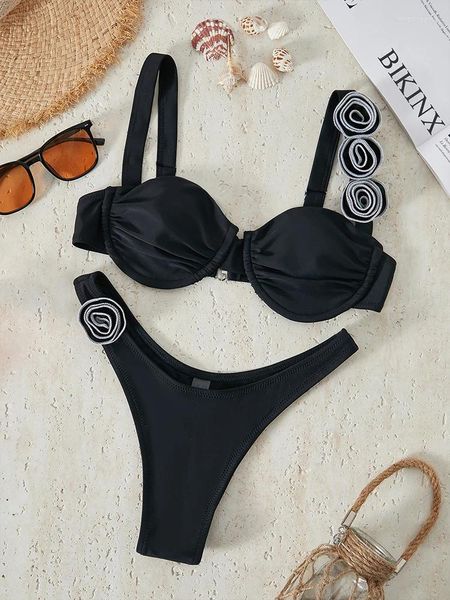 Swimwear de mujeres en X Bride Bikini Set Solid Swimsuit Women 2 piezas de sujetador negro Push Up 2024 Triangle Corea Style Girl