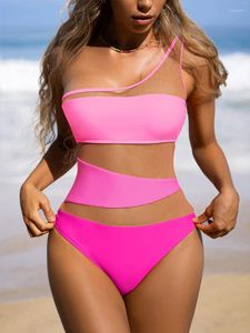 Swimwear de mujer en x Pink One Piece Swimsuit Shoulder Women 2024 Sexy transparente Bikini Patchwork Mesh Bathing Traje