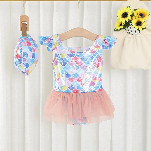 Traje de baño para mujer, conjunto de mameluco para bebés y niñas, traje de empalme de tul con mangas, gorro, 2 uds., ropa para niños de verano