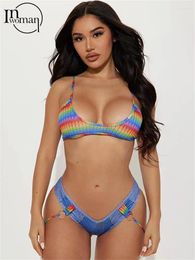 Damenbadebekleidung Inwoman Sexy Rianbow Farbverlauf getäfelter BH Bikinis Set Urlaub Strand für Frauen 2023 Sommer Hohe Taille Ring Mode