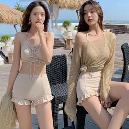 Swimwear de mujer Bikini Nude Bikini Corea 3pcs Trajo de baño sexy División División de tres piezas Manga larga 2024 Modelo de hadas
