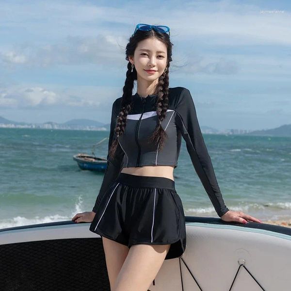 Swimwear de la mujer Beates de trajes de baño coreanos con bíqui de cintura alta bikini bikini outlet mayomio nada de manga larga cuerpo de ángulo plano deportes