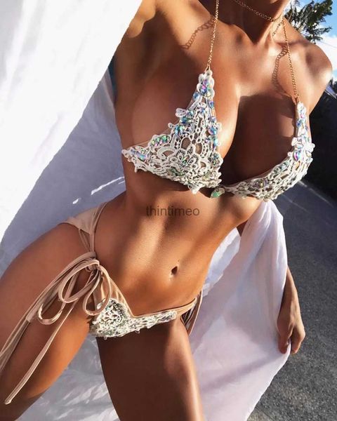 Traje de baño para mujer Bikini de encaje Traje de baño de cristal Monokini Traje de baño para mujer Bikinis desnudos Ropa de playa brasileña con diamantes de imitación Bikini push-up 2023 Biquini de encaje YQ231219