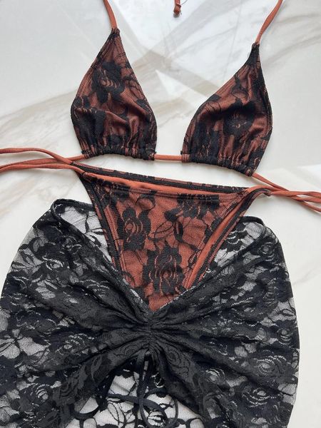 Bikini de encaje de baño para mujeres Conjunto de tres piezas de traje de baño