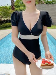 Maillots de bain pour femmes dames Sexy col en v Bikini solide une pièce maillots de bain femmes taille haute Triangle printemps fille mode coréenne