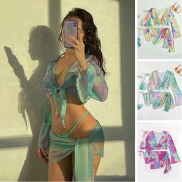 Maillot de bain pour femme confortable Tie Dye 3 pièces noué maillot de bain Push Up Wrap Beachwear Gather Bikini avec Cover Ups