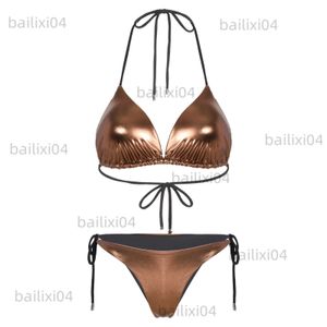 Maillot de bain pour femme Bikini pour femme Ensemble de maillot de bain brillant métallique à lacets Maillot de bain d'été Maillot de bain Halter Bra avec string taille basse T230417