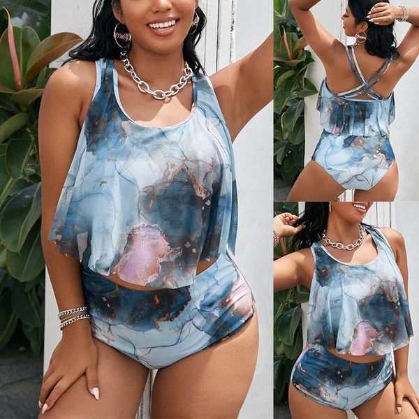 Traje de baño para mujer Conjunto de bikini de gran tamaño Copa Mujeres Retro Halter Cuello Cruz Traje de baño Traje de baño grande Tie Dye Impresión