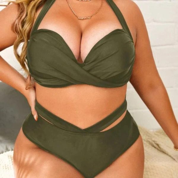 Swimwear féminin Grande taille en une pièce Split Swimsuit Couleur solide plus gras Open arrière Bikini haute taille