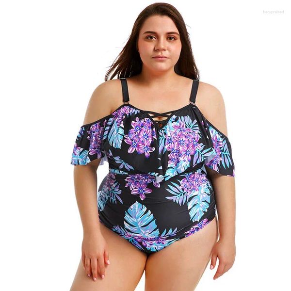 Traje de baño para mujer Talla grande Una pieza Mujer Estilo europeo Imprimir Bikinis Traje de baño femenino con cuello oblicuo