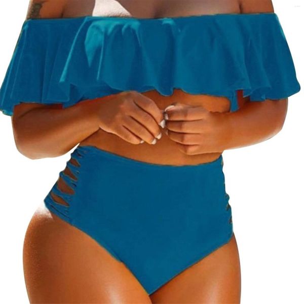 Maillots de bain pour femmes grande taille maillot de bain fendu épaule haute taille plage porter avec des shorts de bikini à bord volanté pour les femmes 2 pièces ensembles