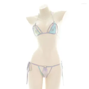 Traje de baño para mujer Láser Holográfico Mujeres Bikini Set Halter Bra Top Sexy String Thong Tankini Ladies Traje de baño Playa Brasileño Biquini