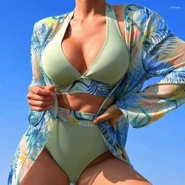 Swimwwear Feater Imprime de maillot de bain Femme 2024 Couvrettes en trois pièces à manches longues Bikini Bikini High Waist en V Cosque de baignade de plage à col