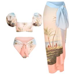 Dames badmode bladeren geprinte bikini puff mouw split-joint tweedelig zwempak apart bandeau en zomer jurk hoge taille badmode strandkleding t230303