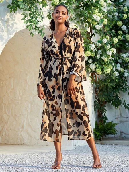 Traje de baño para mujer Vestidos de playa de leopardo Traje de baño de malla Cubiertas para kimono Túnica con cinturón Elegante Ropa de playa para vacaciones Suministro de fábrica