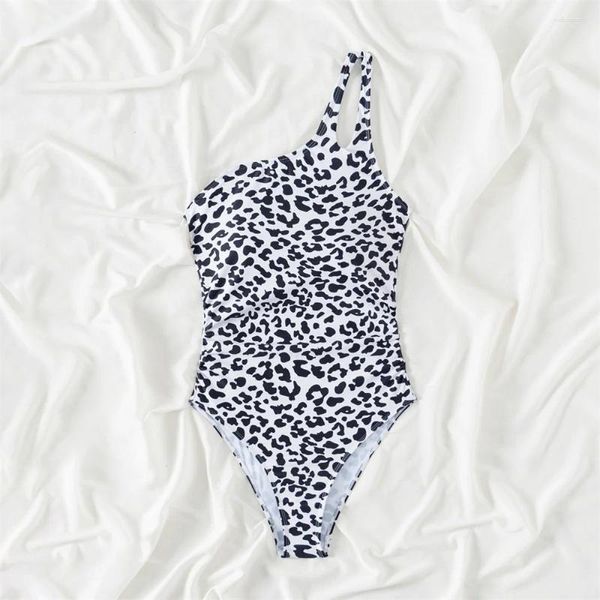 Swimwear féminin Léopard Bikini plissé de maillot de bain haute taille à une file des vacances tropicales