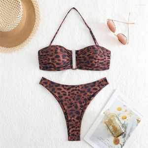 Swimwear Women Leopard Print Bandeau Bikini Bikini U-Wire Bowknot Thong Sexy Women Trend Vacation Beach Brazil Bathing Bathing