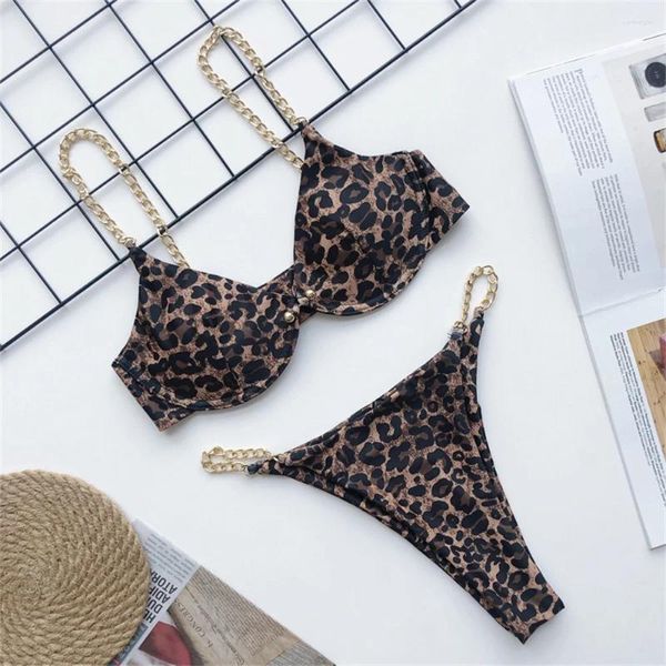 Traje de baño para mujer Bikini con estampado de leopardo Cadenas sexy brasileñas Traje de baño Mujeres Dos piezas con aros Playa Natación Bikinis Tanga Traje de baño