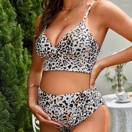 Swimwear féminin Leopard Imprimé de maillot de bain 2 pièces Femmes enceintes 2024 Haute Tankini V-Neck Sous-consentement Backless Bikini Bathing