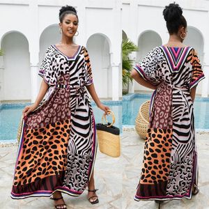 Dames badmode lepard bedrukte bikini cover-up vleermuis mouw plus size kaftan maxi bohemien strandjurk dames dragen zwempak