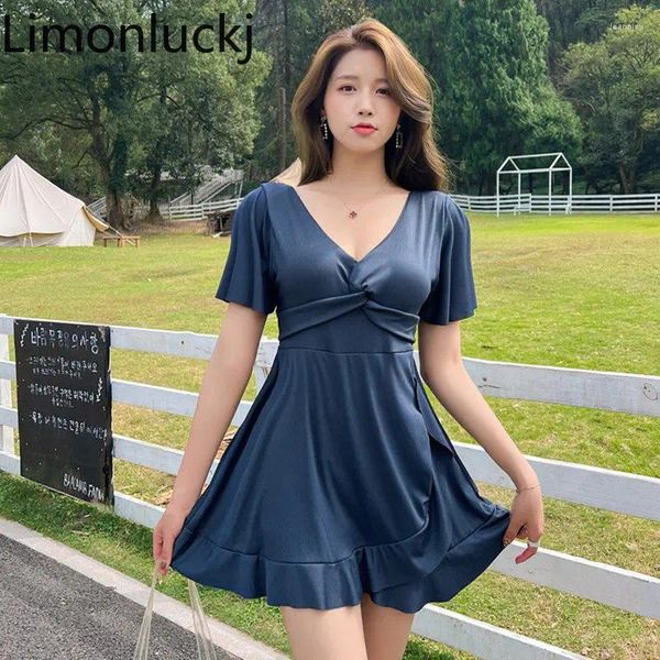 Traje de baño para mujer Limonluckj Mujeres Bikinis Sólido Slim Fit Trajes de baño con cuello en V Cubierta del vientre Moda coreana Traje de baño sexy 2024 Primavera Mujer