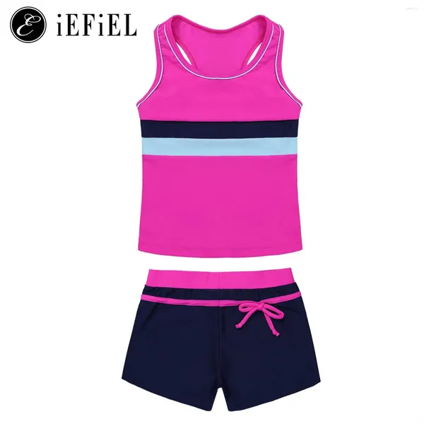 Swimwear femenino Las niñas de dos piezas de verano de dos piezas de dos piezas de mangas con traje de baño de boyshort para niños Tankini traje de baño