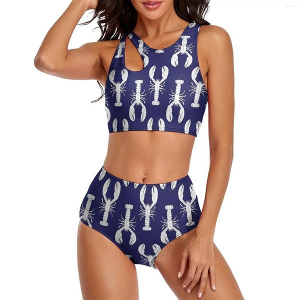 Traje de baño para mujer Conjunto de bikini con estampado de langostas Traje de baño push up azul y blanco Traje de baño sexy de cintura alta Traje de baño dulce gráfico