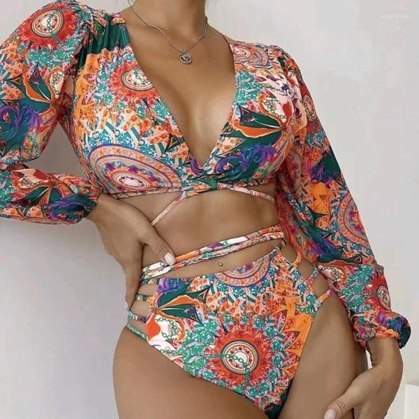 Maillots de bain pour femmes à manches longues taille haute bikini brésilien imprimé ethnique maillot de bain sexy push up deux pièces maillot de bain femme