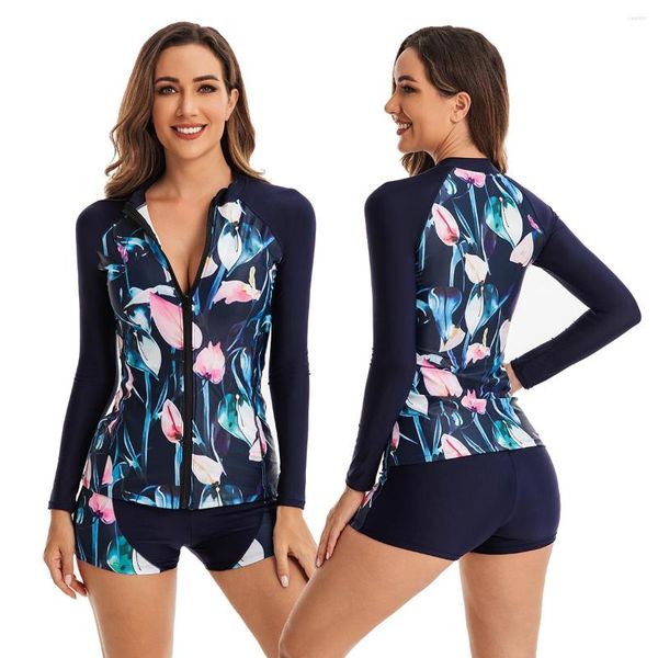 Bañador de manga larga para mujer, traje de baño con protección contra sarpullidos, estampado con cremallera, dos piezas, parte superior de baño, parte inferior con cremallera, camisa de surf acolchada