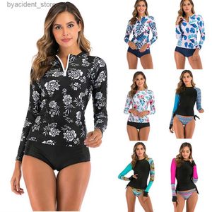 Dames Zwemkleding Rash Guard met lange mouwen Dames Print Tweedelig badpak Rits Badmode Grote maten badpak S-2XL Surfpak Hoge hals Strand L240308