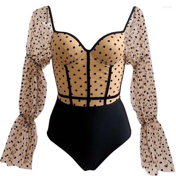 Maillots de bain pour femmes Maillot de bain à manches longues pour femmes Dot Push Up 1 pièce Fille Sexy Monokini Vintage Maillot de bain 2023 Designer Bikini