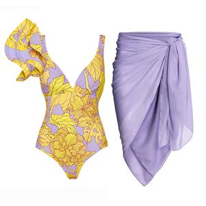 Traje de baño para mujer Mujer de lujo Traje de baño Ruffle Trajes de baño de una pieza con vestidos de playa 2022 Cuello en V Traje de baño vintage Bikini de verano Estampado floral T230303