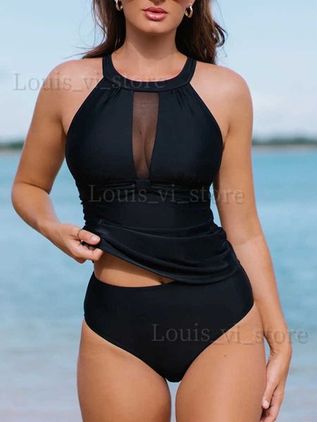 Traje de baño para mujer LW Mujeres Traje de baño de una pieza Monocromo Monocromo Cintura media Fruncido Body-Shaping Cut Out Black Tankini Set Trajes de baño para Vocatio T240227