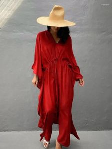 Dames Zwemkleding Maxi Strandjurken Effen Badpak Cover Ups Kaftans Voor Dames Trekkoord Grote maten Gewaad 2023 Vakantie Strandkleding Baden