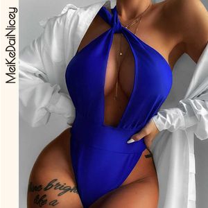 Maillots de bain pour femmes MeiKeDaiNicey une épaule maillot de bain 2022 nouveau découpé solide body maillots de bain bleu royal femme maillot de bain sexy maillots de bain J230506