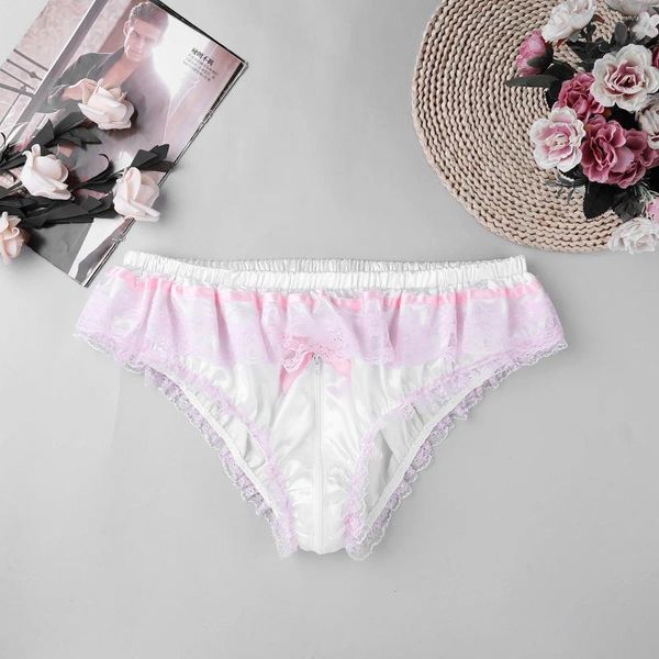 Traje de baño para mujeres Hombres Brillante Satén Sissy Bragas Lencería Pink Ruffle Floral Lace Cremallera Entrepierna Alto Corte Calzoncillos Sexy Ropa interior gay