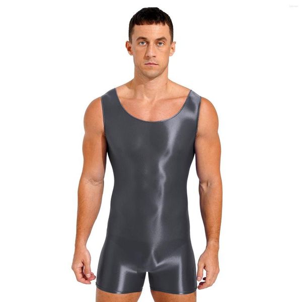 Traje de baño para mujer, traje de baño elástico brillante para hombre, traje de baño de una pieza para culturismo, gimnasio, Fitness, sin mangas, cuello en U, tanque, leotardo, traje de baño, mono