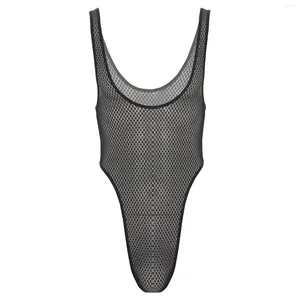 Swimwear de mujer lencería para hombres One Piece Fancy Pattern See a través de Bodysuit Deep Scoop Neck tanga Músculo apretado que muestra ropa de club