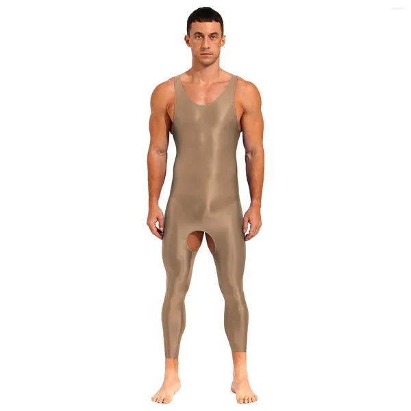 Traje de baño para mujer Lencería para hombre Medias Monos ajustados Una pieza Brillante Entrepierna abierta Color sólido Elástico Cuello en U Body sin mangas