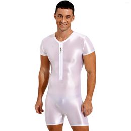 Dameszwemkleding Herenzwempak uit één stuk Glanzend Soild Kleur Bodysuit Rekbaar Ronde hals Bodybuilding Fitness Korte mouw Rits